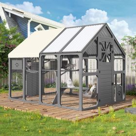 Extra Large Catio Outdoor Cat Enclosure, Walk-in Outdoor Pet House for Multiple Cats, Catio Cat Run Cage with Bridges, PVC Roof, Weatherproof Cov (Cclor: Grey)